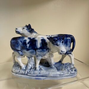 Elegant Blue and White Ceramic Cow Sculpture/ Vintage Delftware